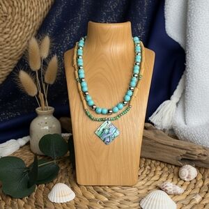 Boho Chic Abalone Shell Layered Choker Trendy Necklace Set + Free Earrings